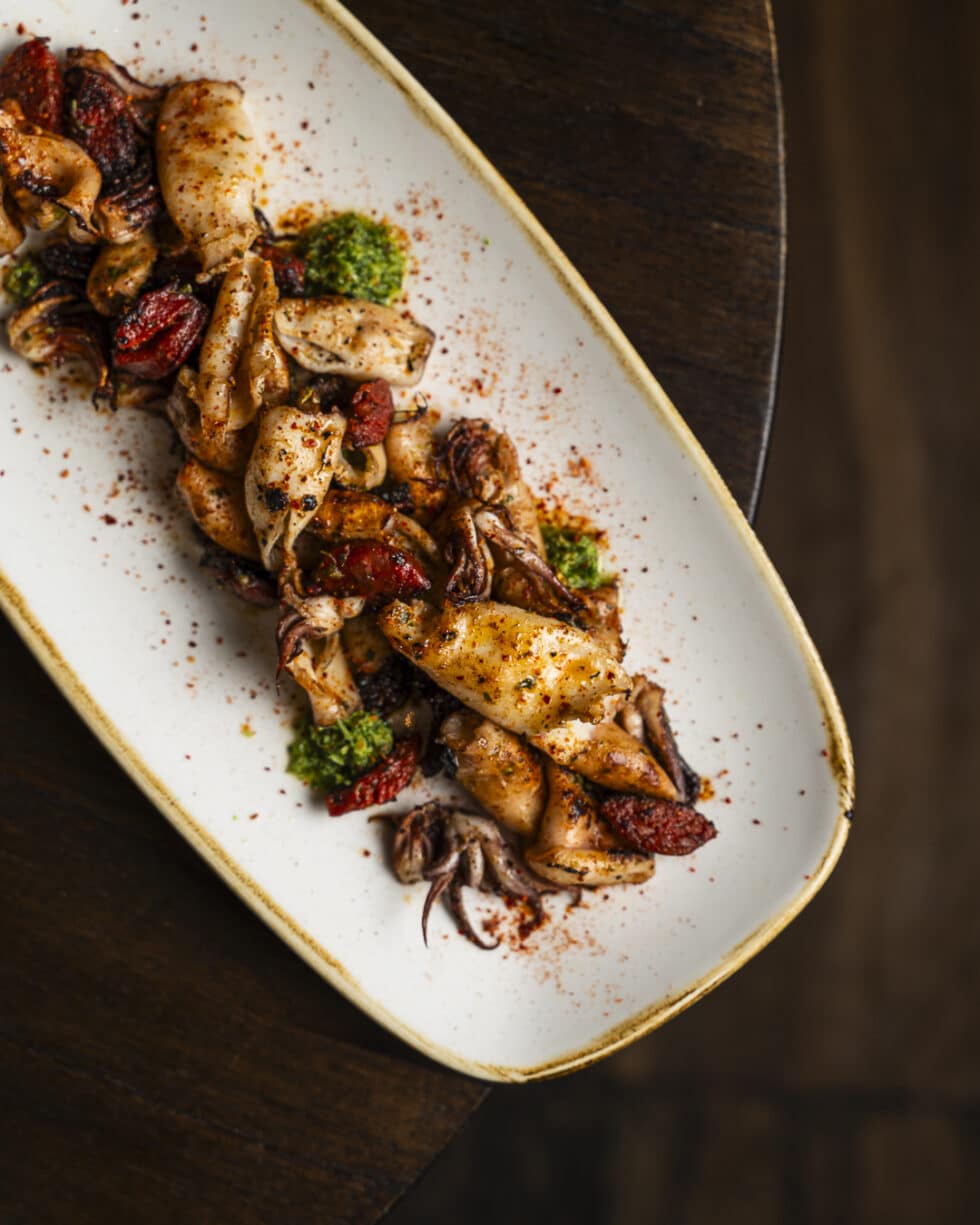 Assiette de calamars grillés avec épices et herbes