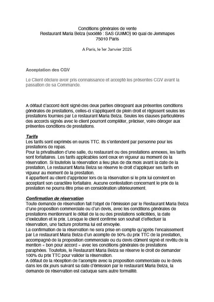 Document des conditions générales de vente, Paris 2025