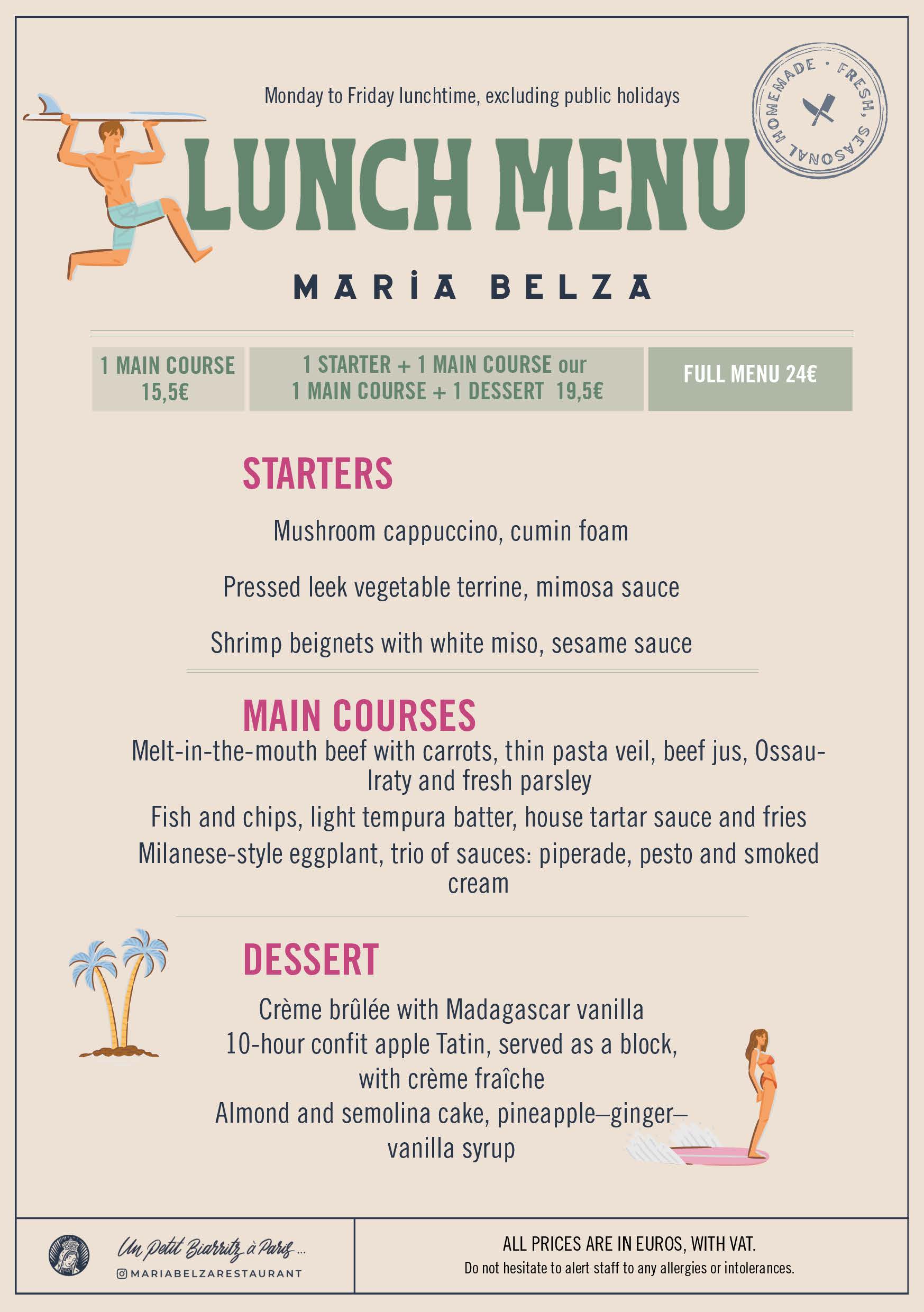 Menu déjeuner Maria Belza avec options et prix